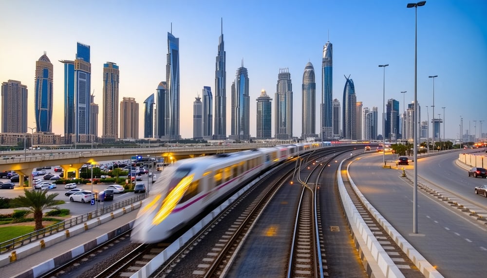 Dubai skyline with modern transportation options